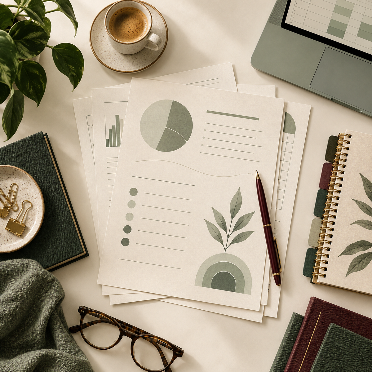 Sage practice worksheets, laptop, and coffee on an ivory desk