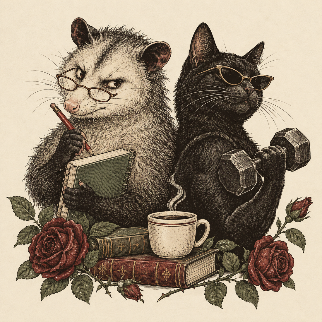 A skeptical opossum and stylish gym cat, illustrated with books, coffee, and roses