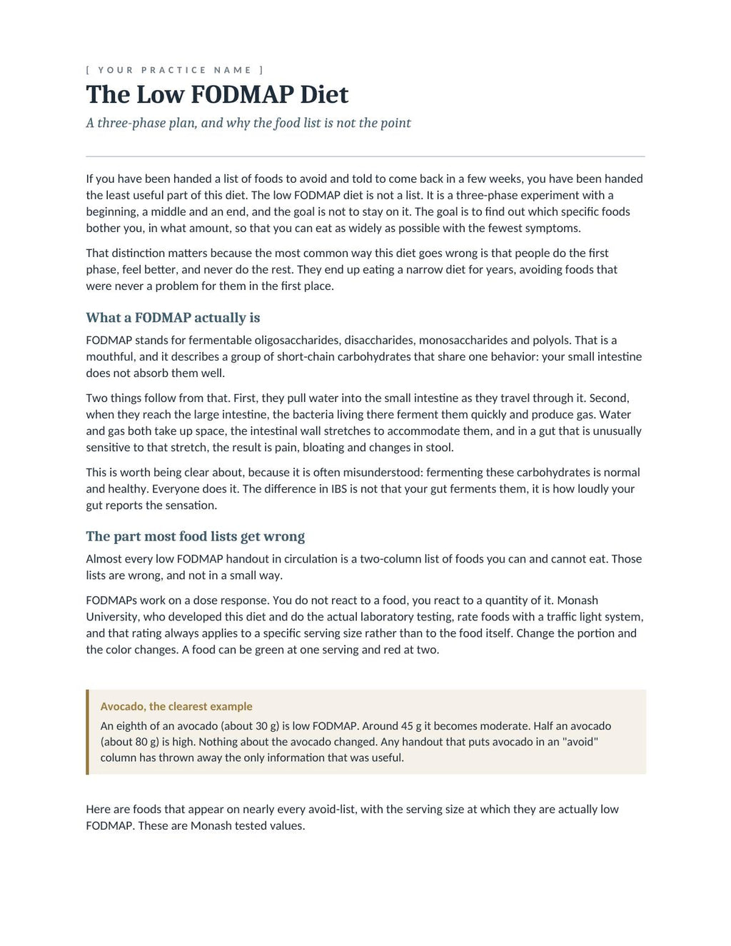 First page of the Low FODMAP client handout, showing the three-phase structure and the portion-threshold table