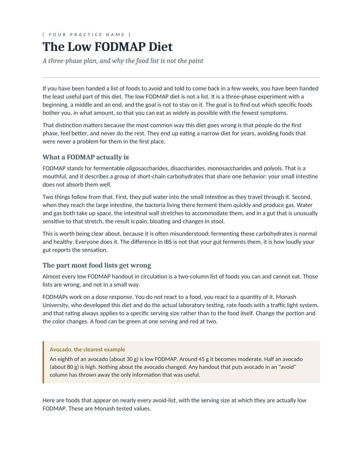 First page of the Low FODMAP client handout, showing the three-phase structure and the portion-threshold table