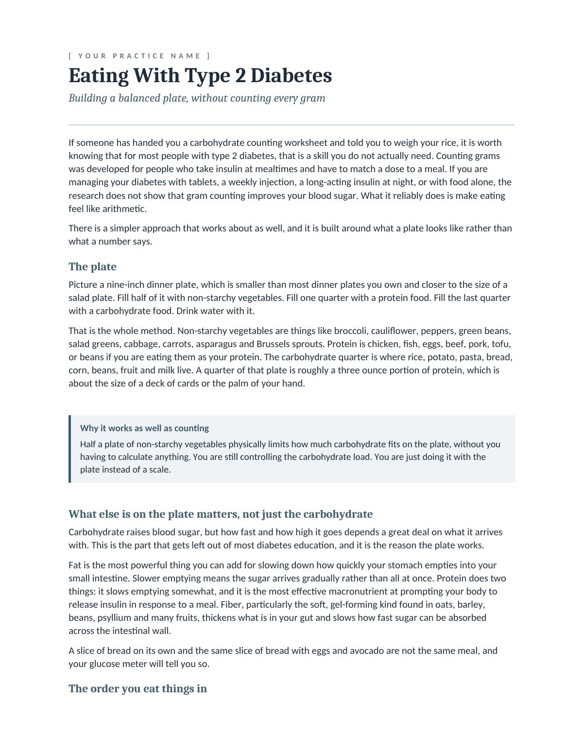 First page of the type 2 diabetes plate method handout, showing the nine-inch plate breakdown