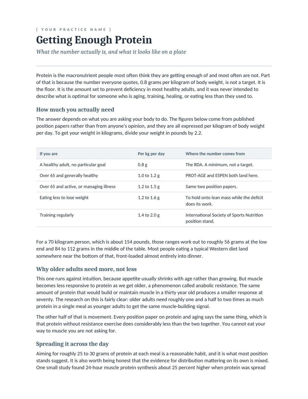 First page of the protein needs handout, showing protein targets by situation