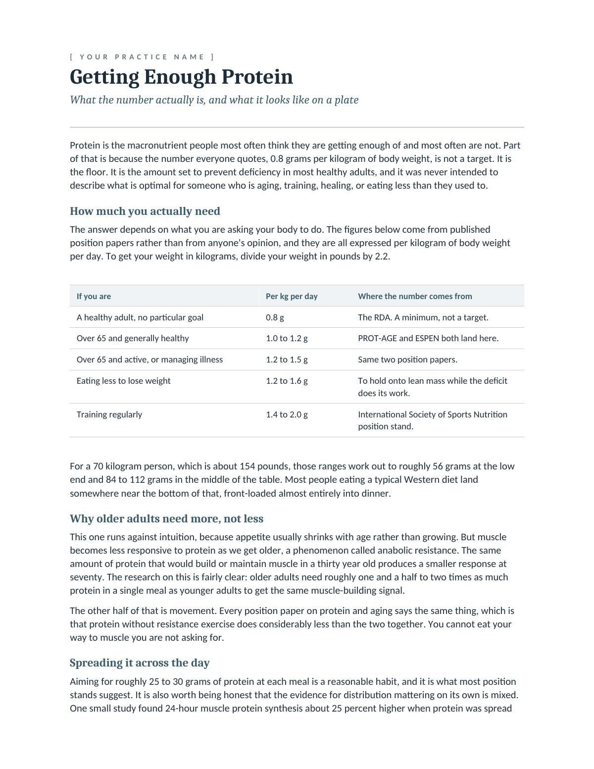 First page of the protein needs handout, showing protein targets by situation