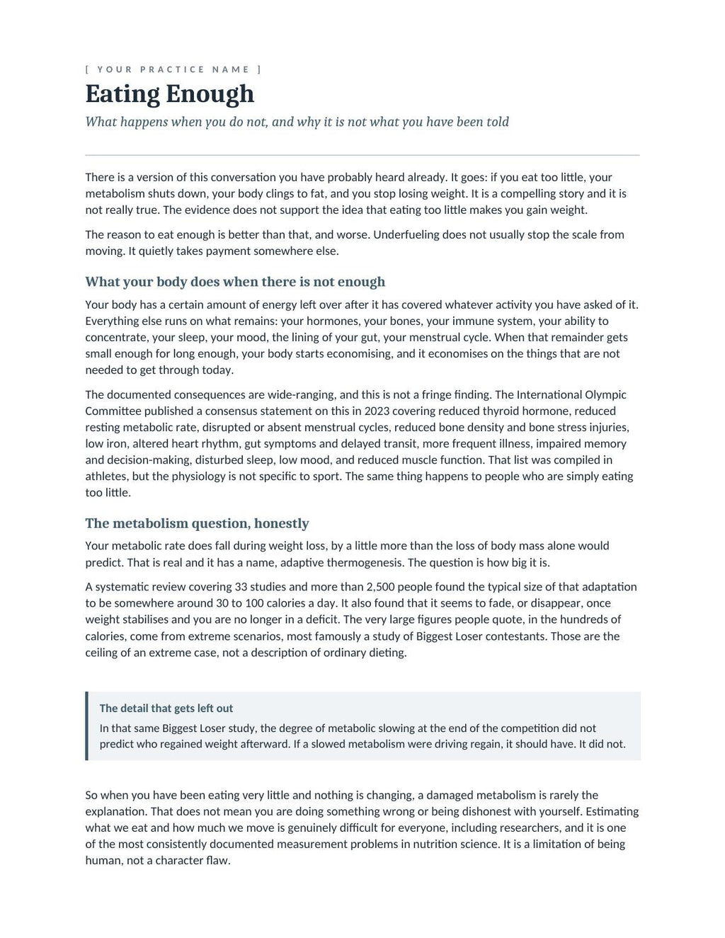 First page of the adequate fueling handout, on the real costs of underfueling