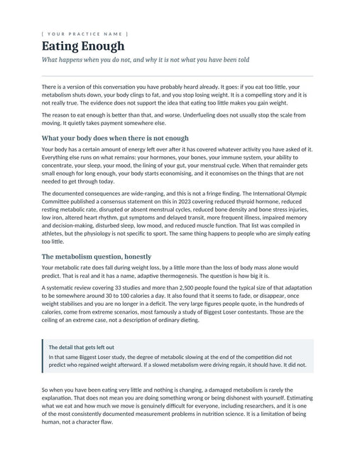 First page of the adequate fueling handout, on the real costs of underfueling