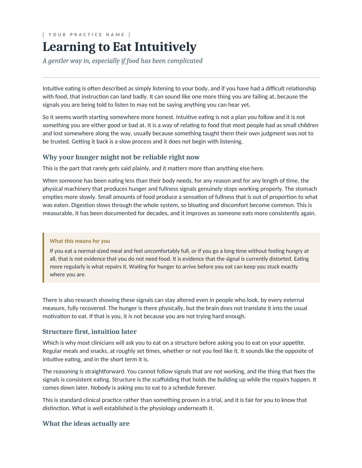 First page of the intuitive eating handout, opening on why hunger cues can be unreliable