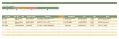 The client roster tab of the client intake and progress tracking workbook