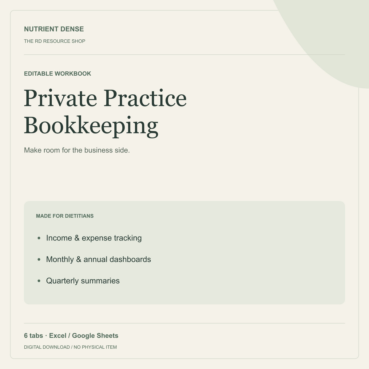 Private Practice Bookkeeping — editable digital resource from Nutrient Dense