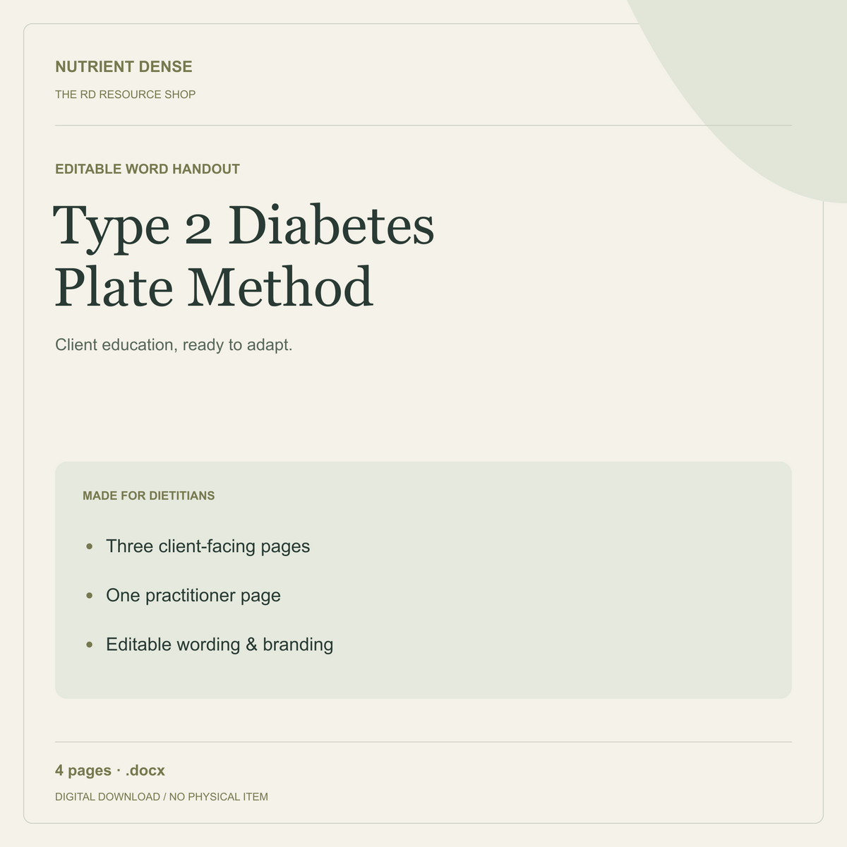 Type 2 Diabetes Plate Method — editable digital resource from Nutrient Dense