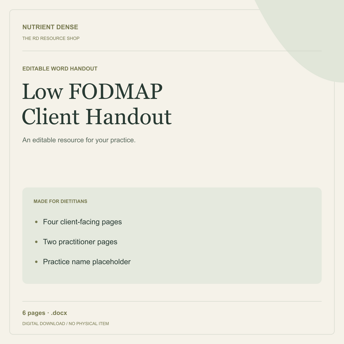 Low FODMAP Client Handout — editable digital resource from Nutrient Dense