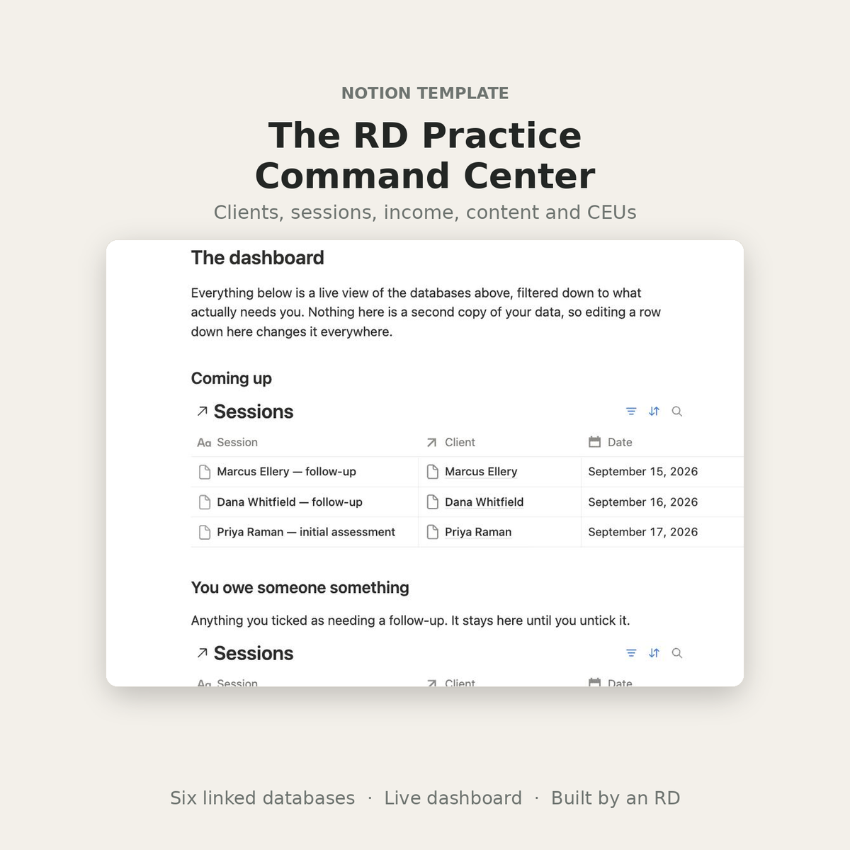 The RD Practice Command Center Notion template, showing the dashboard with upcoming sessions and active clients
