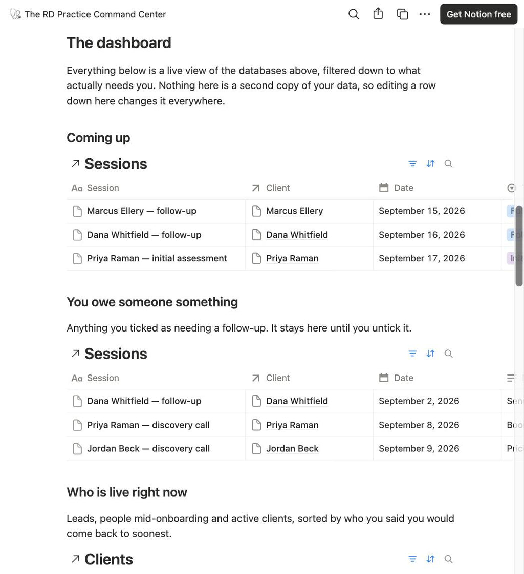 Dashboard view listing upcoming sessions, follow-ups owed, and who is currently an active client