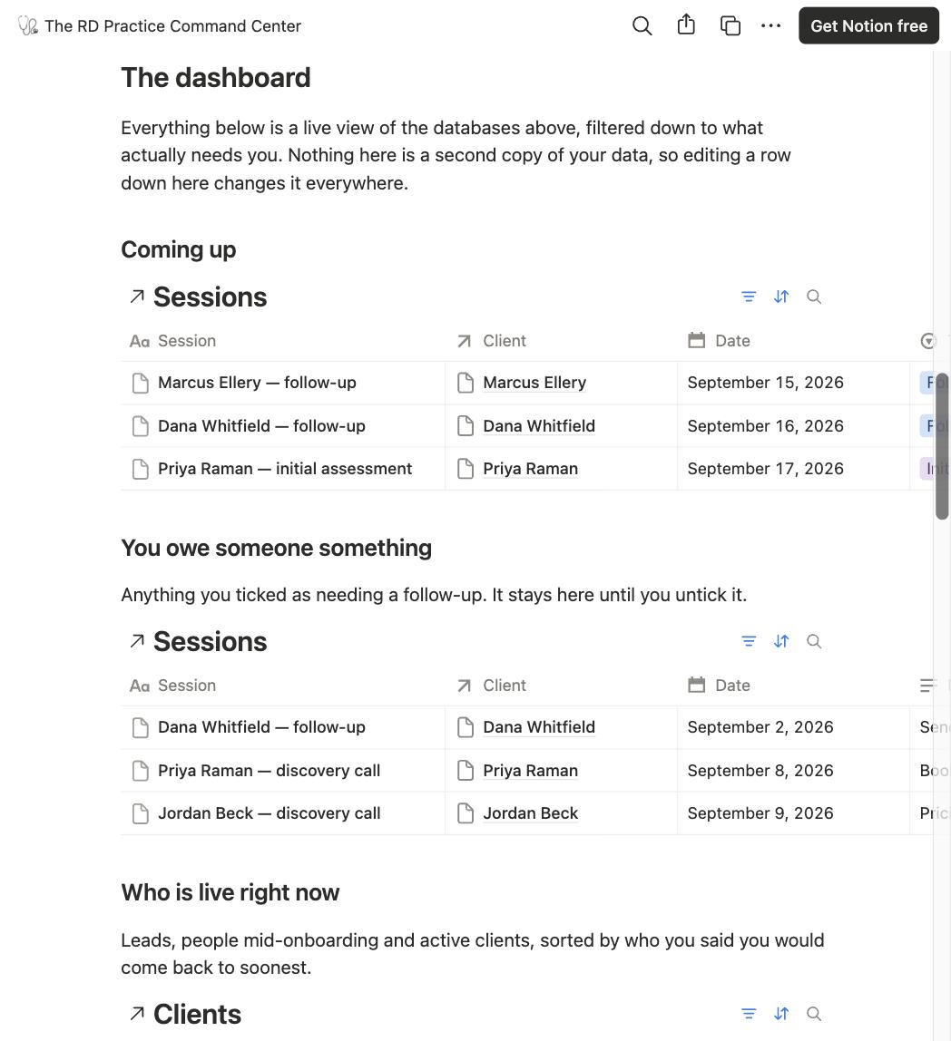 Dashboard view listing upcoming sessions, follow-ups owed, and who is currently an active client