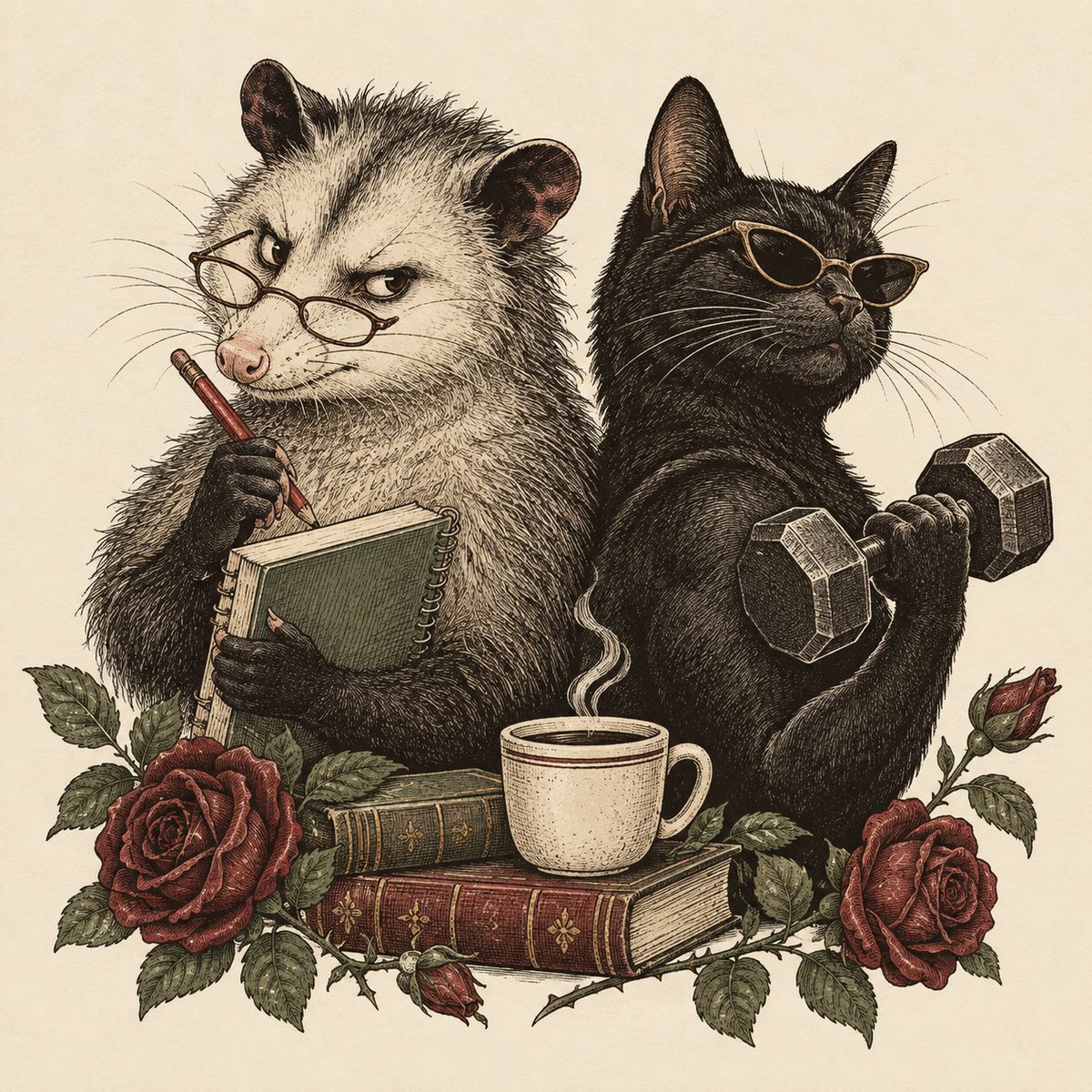 Vintage illustration of a skeptical opossum and sunglasses-wearing gym cat with books, coffee, and roses